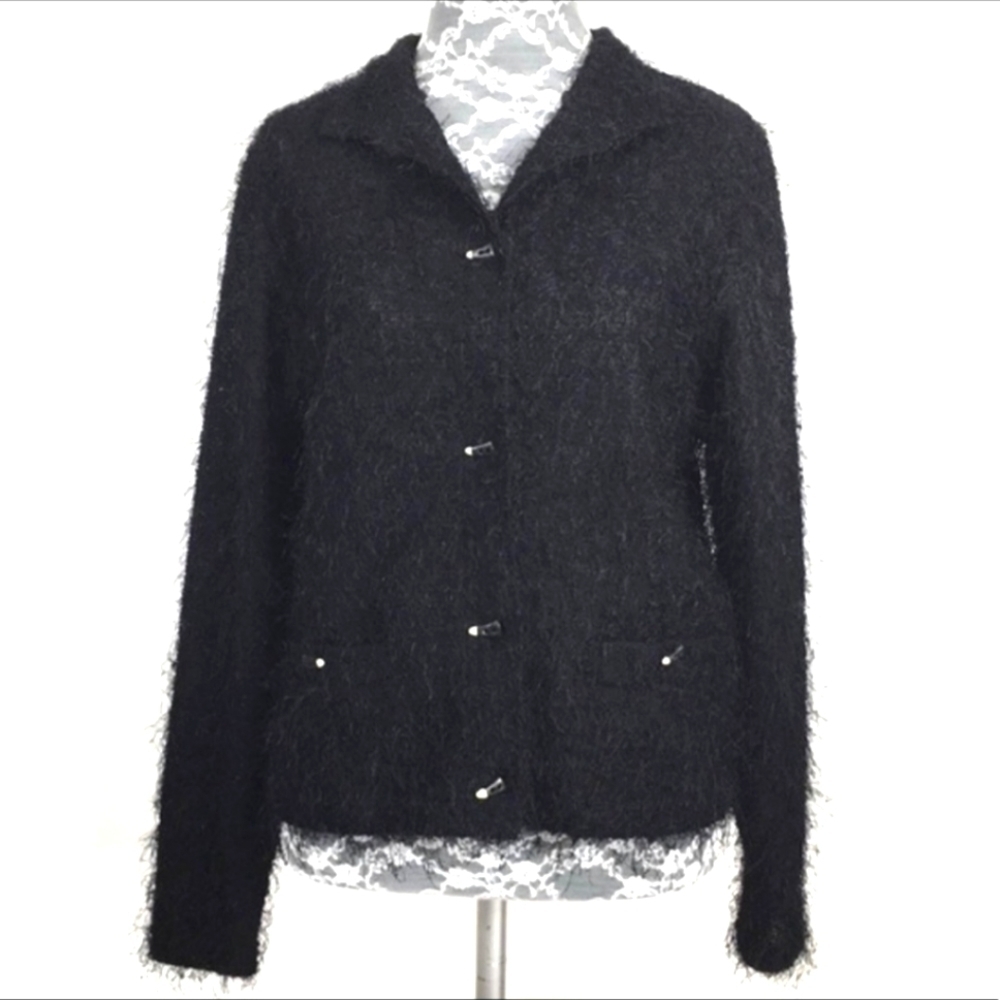JAMIE Sadock Black Fuzzy Eylash Cardigan Sweater‎